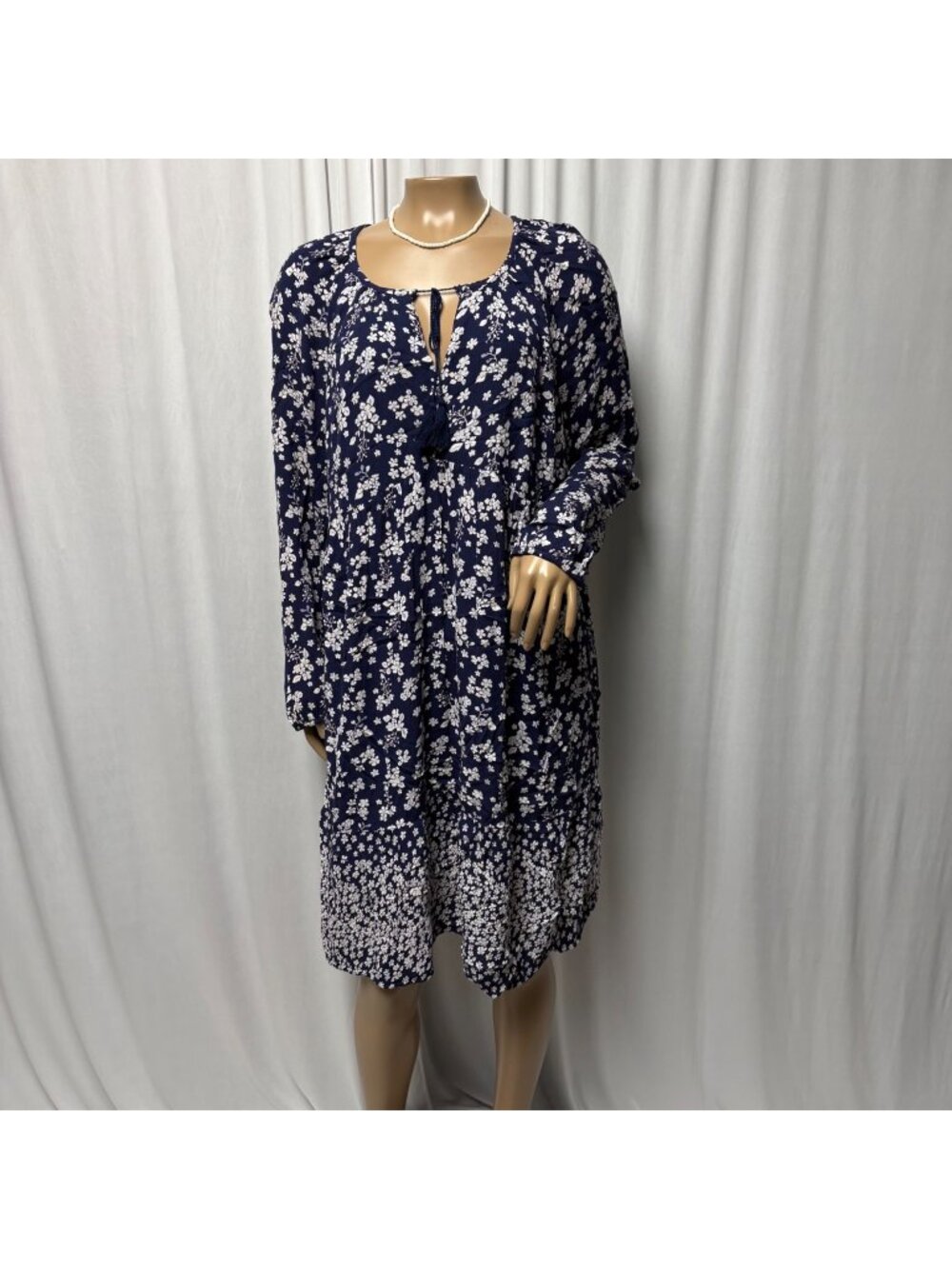Old Navy Empire Dress Womens Large Boho Navy Blue Floral Long Sleeve Lined